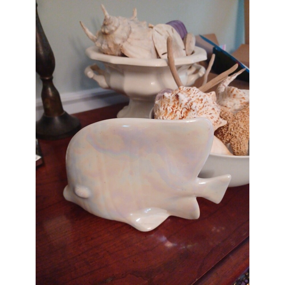 Vtg Harris Potteries white iridescent ceramic angelfish decorative figurine MCM